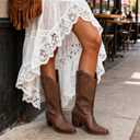 DREAM PAIRS Women's Square Toe Cowboy Cowgirl Boots Embroidered Mid Calf Western Boots Fashion Dress Low Chunky Heel Boots for Theme Party Country Concert (9, Brown-pu)