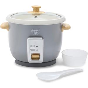 GreenLife Rice Cooker with Removable PFAS-Free Ceramic Nonstick Pot, 3-Cups Uncooked/6-Cups Cooked, Grains & Oatmeal Multicooker, Compact One-Switch Design, Auto Keep Warm, Easy Clean, Gray