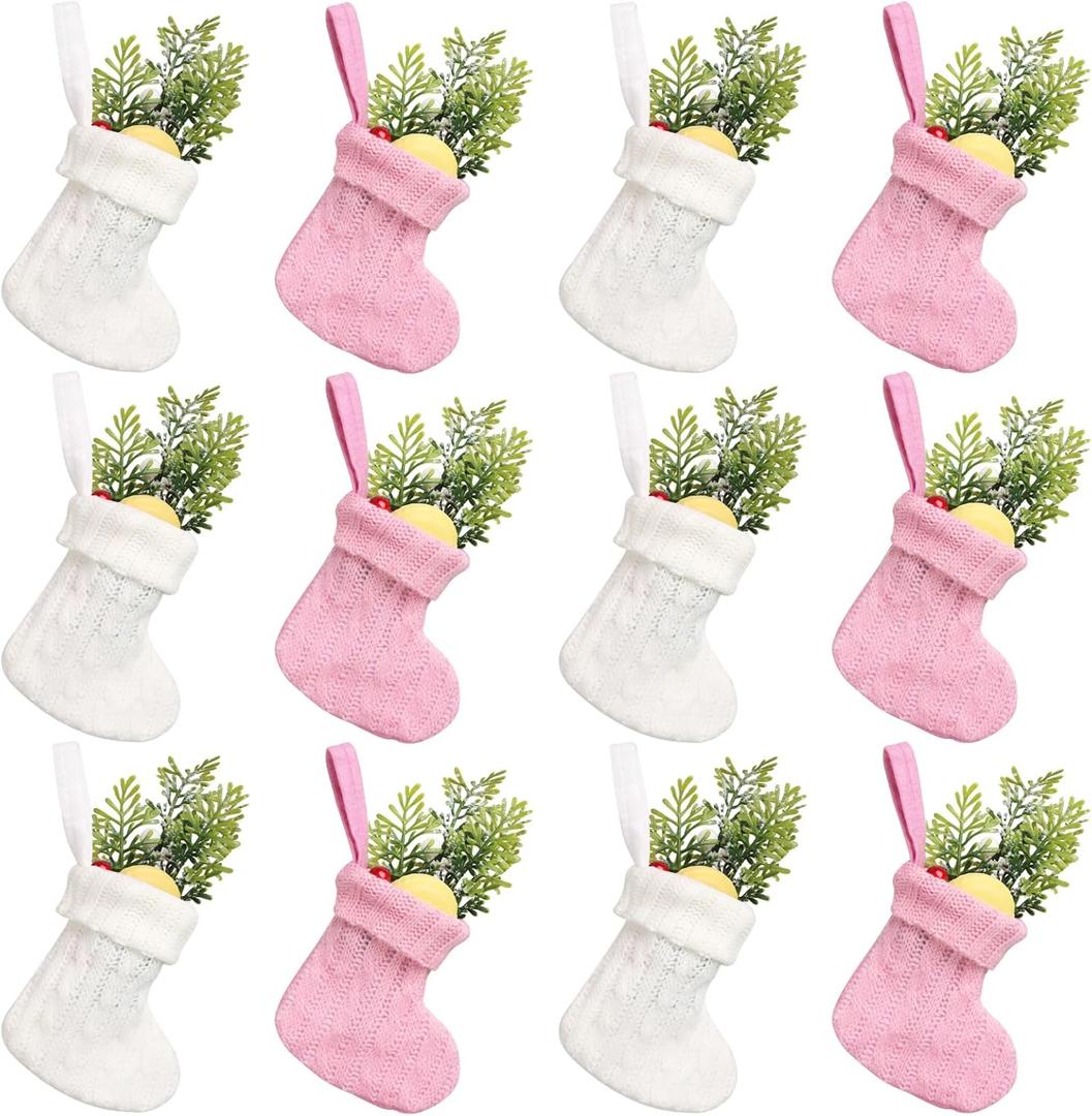 CCINEE 12Pack Mini Christmas Stockings, Pink and White Knitted Xmas Stocking Small Knit Hanging Stocking Decoration for Holiday Home Wall Fireplace Christmas Tree Decor