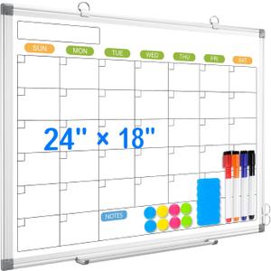 Dry Erase Calendar Whiteboard for Wall, 24" x 18" Magnetic Monthly White Board Calendar, Hanging Double-Sided White Board for Planning, Memo, School, Home, Office