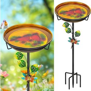 Metal Bird Bath for Outside, Freestanding Garden Birdbaths & Birdfeeder with Upgraded 5 Prongs Base, 35.4In Bird Baths Feeder Water Bowl for Outdoors Patio Yard Lawn Art Decor (Orange-Yellow)