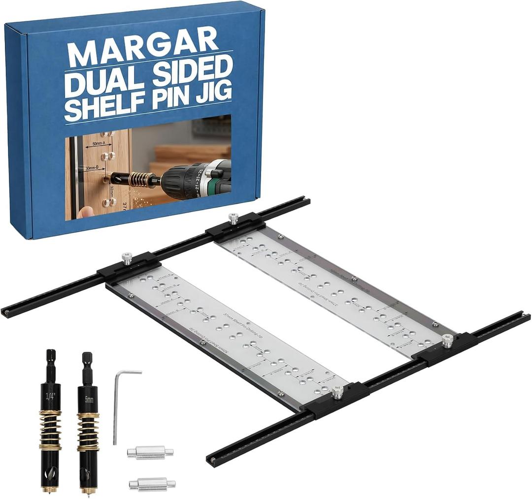 Upgraded 5mm Shelf Pin Jig, Shelf Hole Jig with 1/4" and 5mm Self Centering Drill Bits, Adjustable Shelf Pin Drilling Jig with Indexing Pin, ABS Transparent Plate, Enhanced Durability