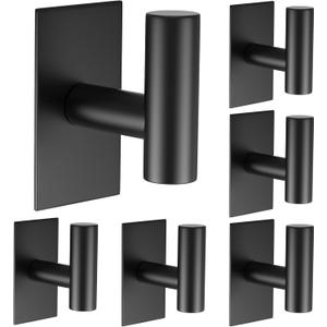 VAEHOLD Wall Towel Hooks, Heavy Duty Sticky Holder Waterproof Towel Hooks for Hanging Coat, Clothes, Closet Hook Wall Mount for Kitchen (Black, 6 Pack)