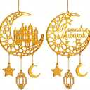 iLifemate Ramadan Decorations, Ramadan Mubarak Moon & Mosque Wooden Hanging Decorations – Gold Crescent Moon & Star Decor, Eid Ramadan Decorations for Home Party Door Windows, Ramadan Wall Art Sign