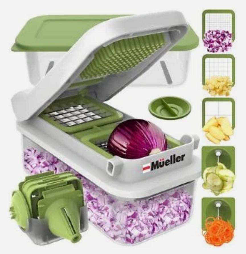 Mueller Pro-Series 10-in-1, 8 Blade Vegetable Chopper, Cutter, Dicer, Onion Mincer, Egg and Potato Slicer, Multi-Functional Kitchen Gadget for Vegetables and Salad Prep, Grey & Green