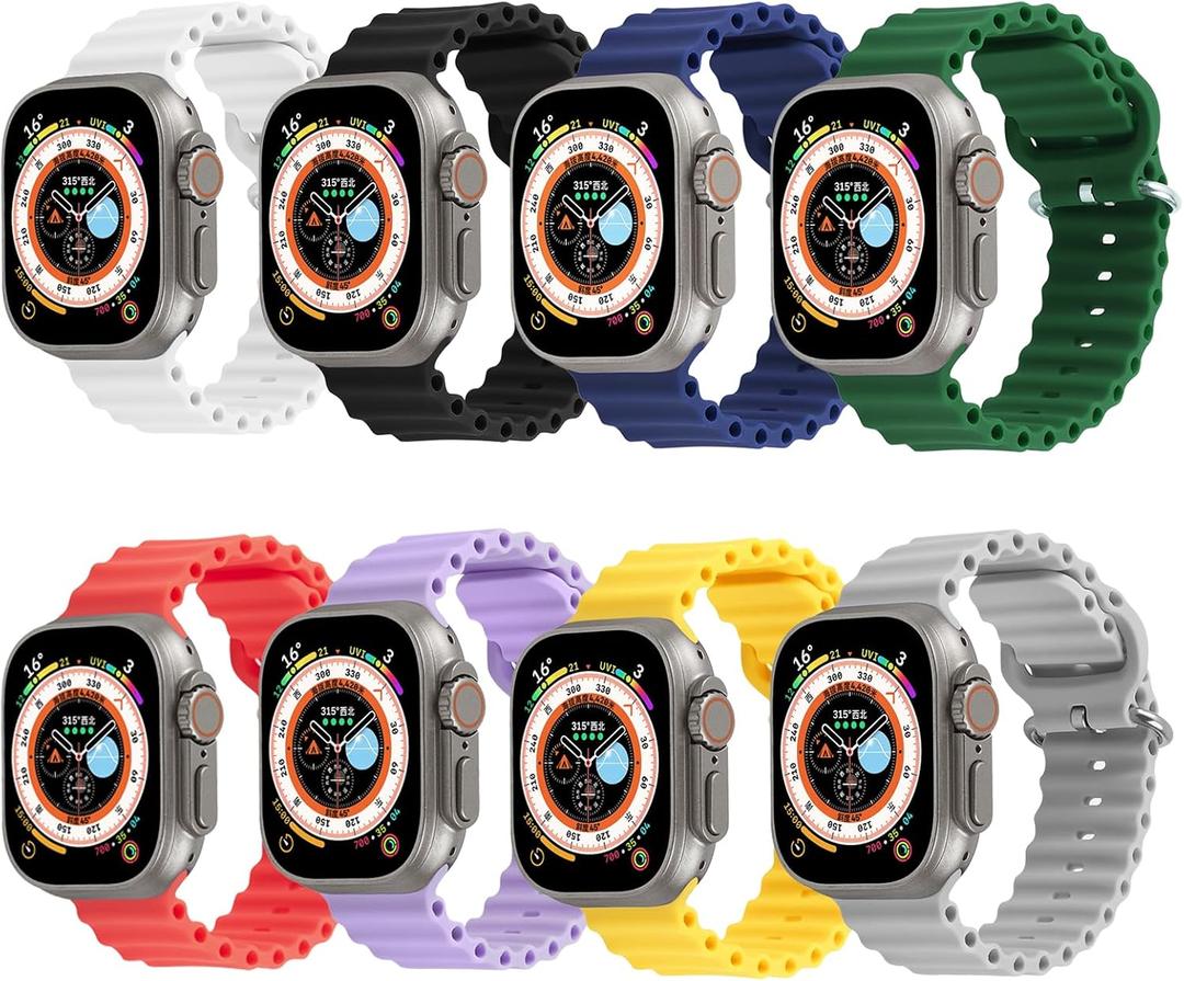 8 Pack Ocean Band Compatible with Apple Watch Ultra 3/2,SE 3,49/46/45/44/42mm,Series 11/10/9/8/7/6/5/4/3/2/1/SE Band Silicone Wristbands Waterproof for Men Women