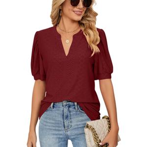 PerZeal Women's Summer Tops Tunic V Neck Ruffle Half Sleeve Blouses Short Sleeve Casual Loose Tops T-Shirts Burgundy XX-Large