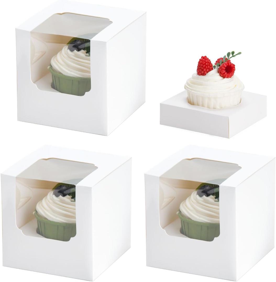 50 Pcs Cupcake Boxes Individual Cupcake Containers Pre-Assembled Single Cupcake Boxes 3.5"x3.5"x3.5" with 50 Pcs Inserts for Cupcakes Muffins Party Favors, (White)
