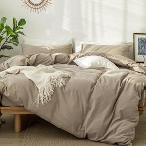 MooMee Bedding Duvet Cover Set 100% Washed Cotton Linen Like Textured Breathable Durable Soft Comfy (Solid Mocha Brown, Oversized King Plus 128"x120")