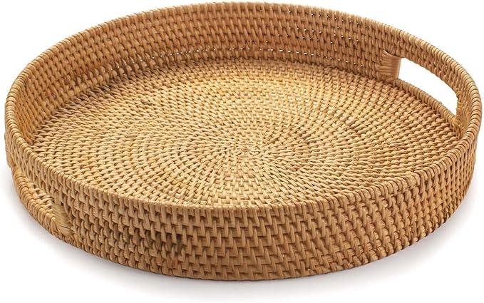 16.9 inch Round Rattan Tray, Woven Large Serving Tray with Handles, Wicker Serving Basket, Coffee Table Decor for Living Room, Whitewash