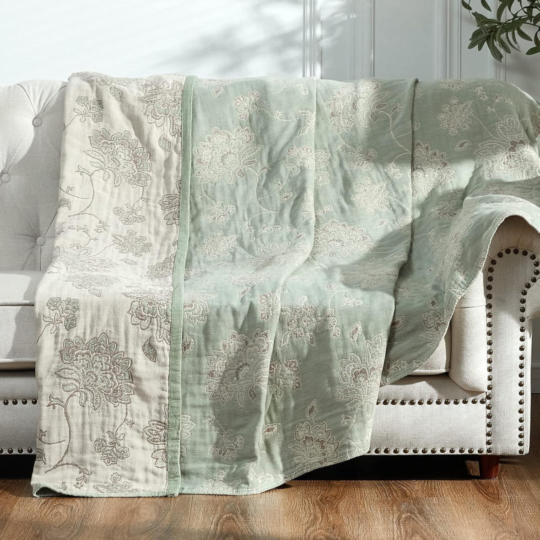 jinchan Boho 100% Cotton Muslin Twin Size 50x60 Inches Blanket Lightweight 4-Layer Quilted Soft Green and Beige Floral Throw Blanket Reversible Comfy Flower Breathable All Seasons Couch Bedroom Decor