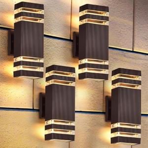 DASTOR 4 Pack Outdoor Wall Lights, Brown Exterior Lighting Fixtures Wall Mount, 2-Layer Modern Outdside Lights for House, Up and Down Outdoor Sconce Lights for Porch Patio Garage