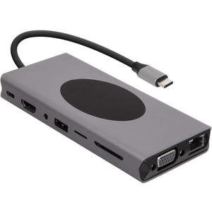 Realm USB C Hub, 15-in-1 Hub with Wireless Charging, 60W Power Delivery, 4K HDMI, 7 USB A Ports, VGA, Ethernet, Dual Video Output, 3.5mm Aux, SD & Micro SD Port, for MacBook Pro & Other USB C Laptops