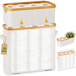 Livole Toilet Paper Storage Basket with Lid & Toilet Tank Basket | Free Standing, Large Capacity for 20 Regular Rolls or 15 Mega Rolls, Dual Handles, Clear Side Window, Bathroom, Beige