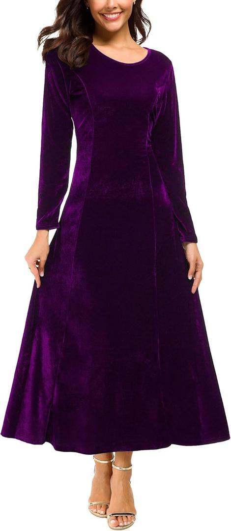 Urban CoCo Women's Elegant Long Sleeve Ruched Velvet Stretchy Long Dress (Large, Purple)