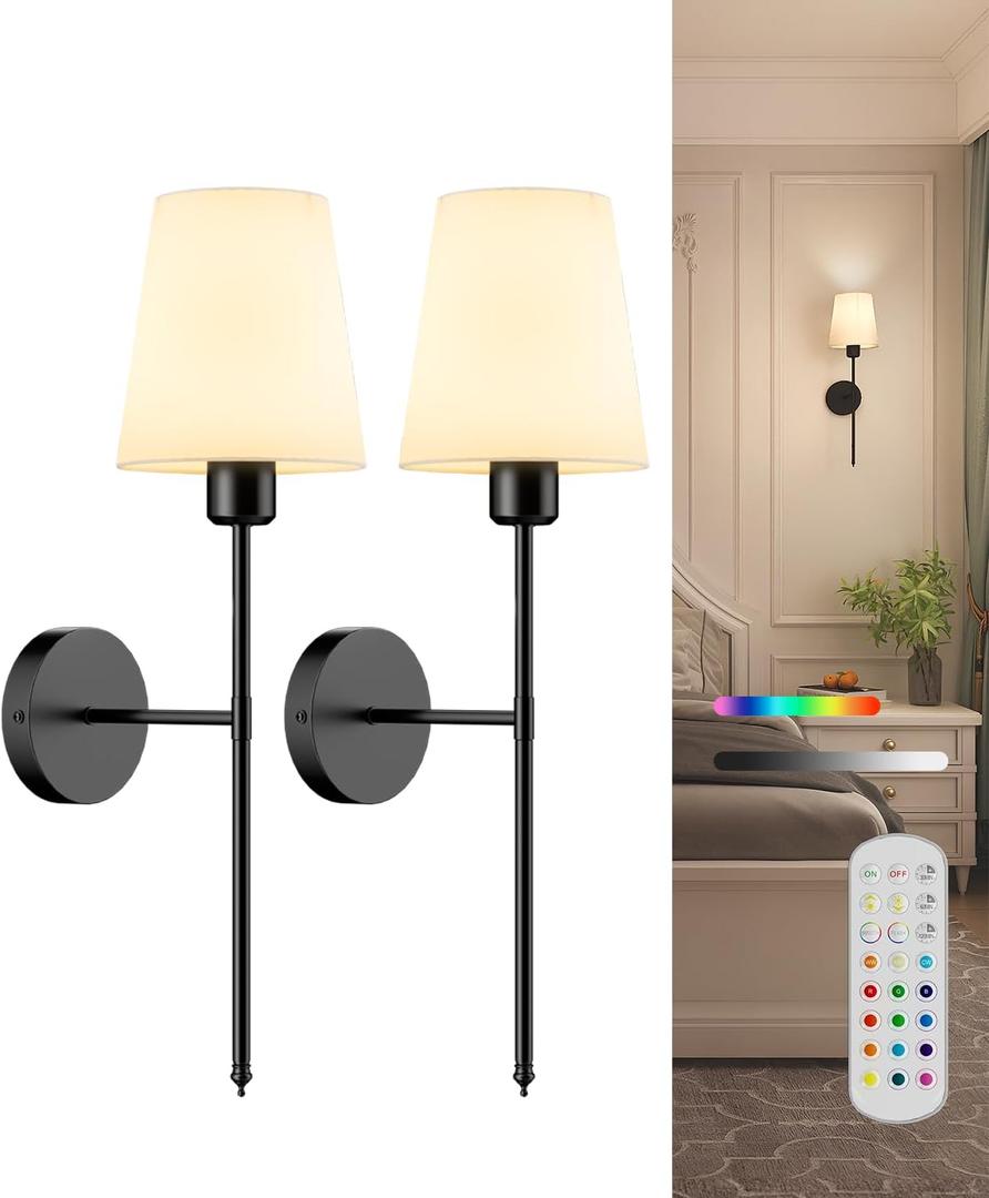 CASGAL Battery Operated Wall Sconce Set of 2,Rechargeable Wall Lights with Dimmable Detachable Bulbs and Remote,15 Colors Wireless Wall Lamps for Bedroom Living Room Hallway,Black(2 Pack)