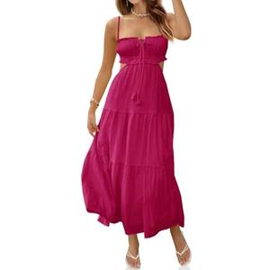 Fisoew Women's Spaghetti Strap Maxi Dress Summer Sleeveless Side Cut Out Dress Casual Boho Backless Flowy Long Dresses (Rose Red, Small)