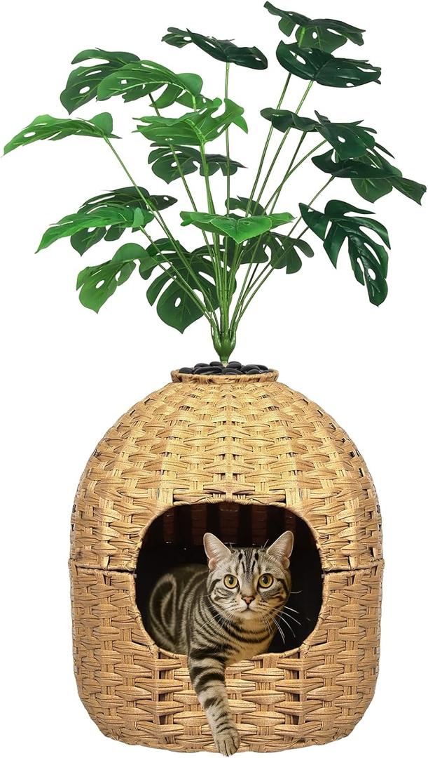 Hidden Cat Litter Box Plant Furniture Enclosure House w/Faux Plant, Decorative Handwoven Rattan Round Planter Cat Bed for Indoor Cats w/Odor Control Filter, in Living Room Bedroom Corner Natural