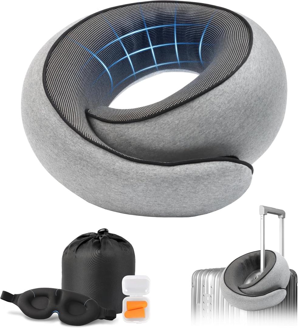 Travel Neck Pillow with 100% Pure Memory Foam, G-Shape, Includes Eye Mask & Ear Plugs, Ergonomic Design for Airplane, Car & Office, etc, Beige Gray