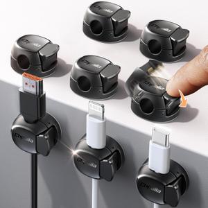 8Pack Cord Organizer [Dual Spring & Clasp, Max Secure] Cable Clips - Chfeila Cable Management, Adhesive Phone Charging Wire Holder for Nightstand/Wall, Home Office Desk Accessories Decor Essentials (Black)