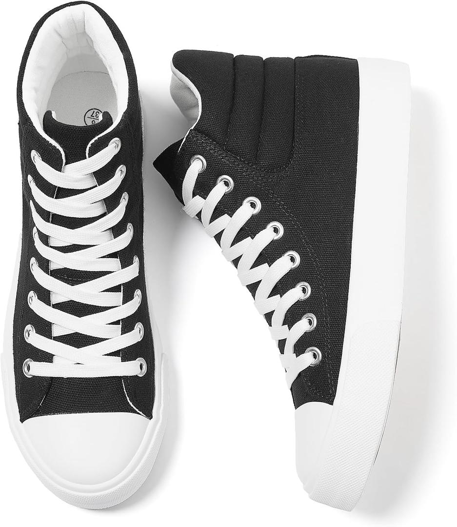 POVOGER High Top Sneakers for Women White Womens High Tops Canvas Shoes Black Fashion Sneakers Casual Lace up Tennis Shoes (Black,US07)