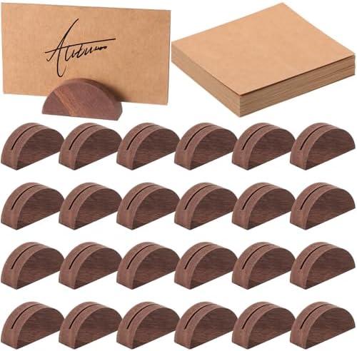 Colingmill 24 Pcs Wooden Table Number Stands Wedding Table Name Holder Semicircular Design Place Card Holders with 24 Pcs Tented Cards for Retail Shop Wedding Party Events Decoration(Brown)