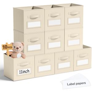 Teenyyou 10 Pack Fabric Storage Cubes 11 Inch Collapsible Cube Bins with Label Window & Handle Foldable Organizers Baskets for Shelf Closet Nursery Kids Room Clothes Book Toy(Beige)