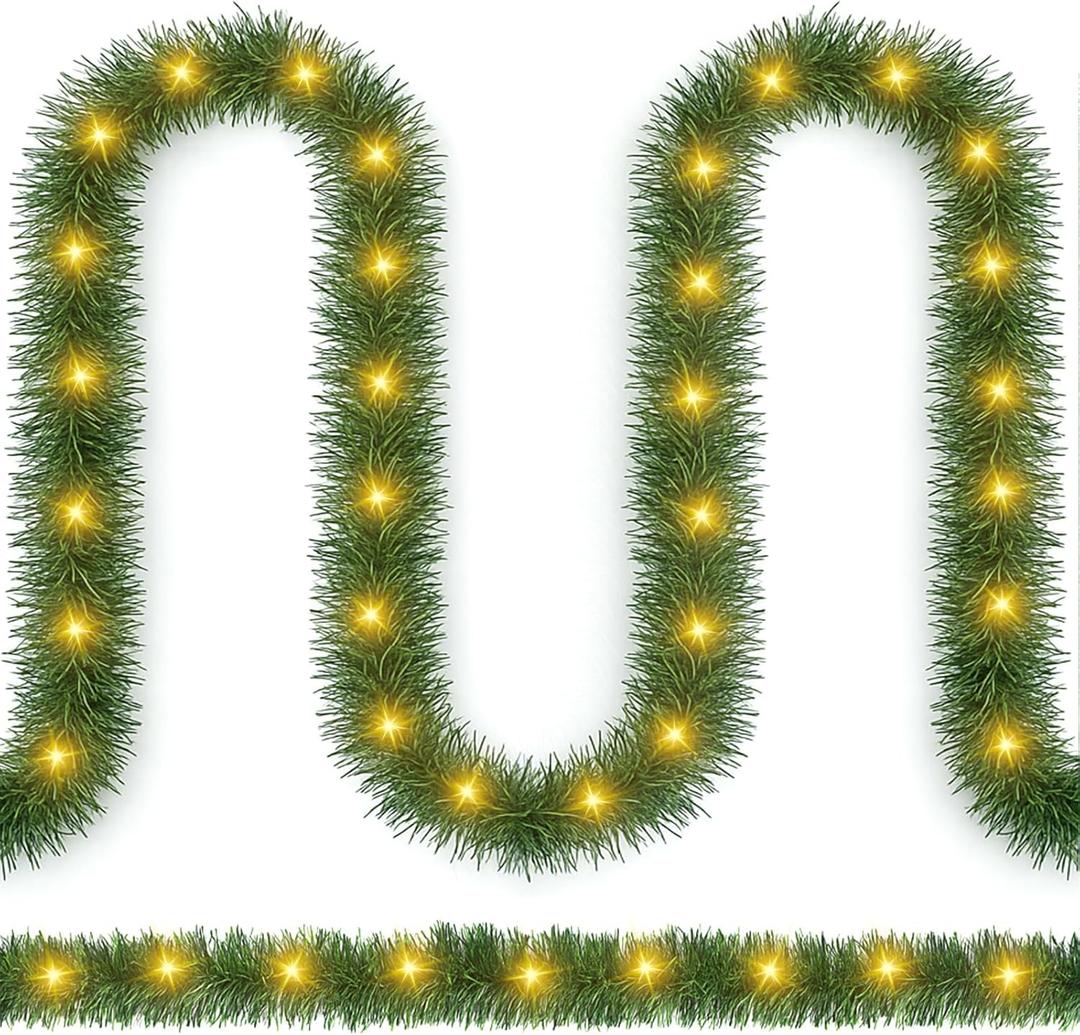 2 Pcs Total 100 ft Christmas Garland Artificial Greenery Garland Bright 300 LED Lights 3.5 Inches Wide Pine Soft Christmas Decorations for Tree Stair Indoor Outdoor Fireplaces (Yellow)