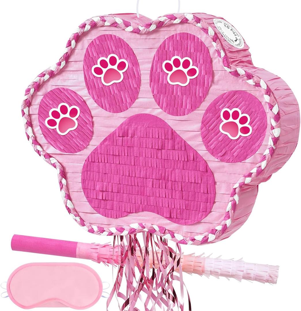 WERNNSAI Pink Dog Paw Piata - Dog Piata Pet Theme Party Games Pink Girl Style Puppy Paw Party Decorations Animal Party Supply for Kids Birthday with Blindfold