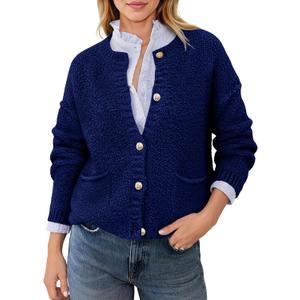 Saodimallsu Women's Chunky Knit Cardigan Button Down Crewneck Long Sleeve Cropped Sweater with Pockets (S)