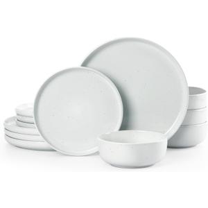 Famiware Dawn Plates and Bowls Sets, 12 Pieces Stoneware Dinnerware Sets, Dishes Set for 4, Microwave and Dishwasher Safe, White
