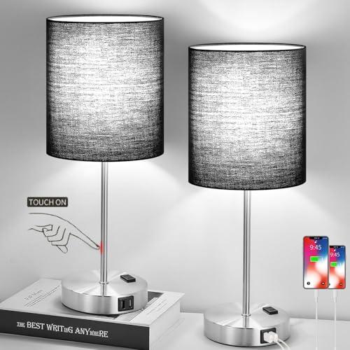Lynnoland Set of 2 Touch Control Table Lamps with 2 USB & AC Outlet, 3-Way Dimmable Bedside Nightstand Lamps for Bedroom Living Room Nursery, 800 Lumens 5000K Daylight Bulbs Included