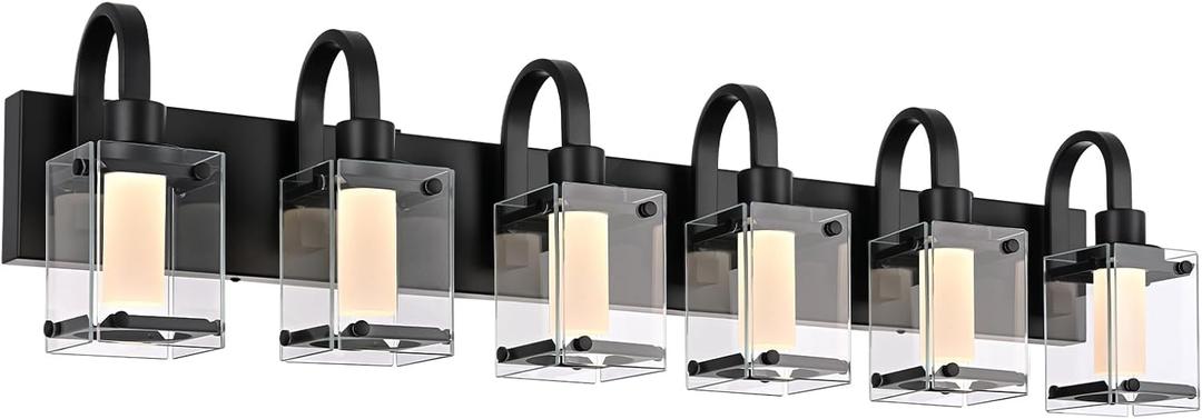 TODOLUZ 6-Light LED Modern Bathroom Vanity Light Fixtures with 5 Color Modes, Black Dimmable Vanity Lighting with Frosted Column and Clear Glass Shade LED Wall Lamp(Bulbs Included)