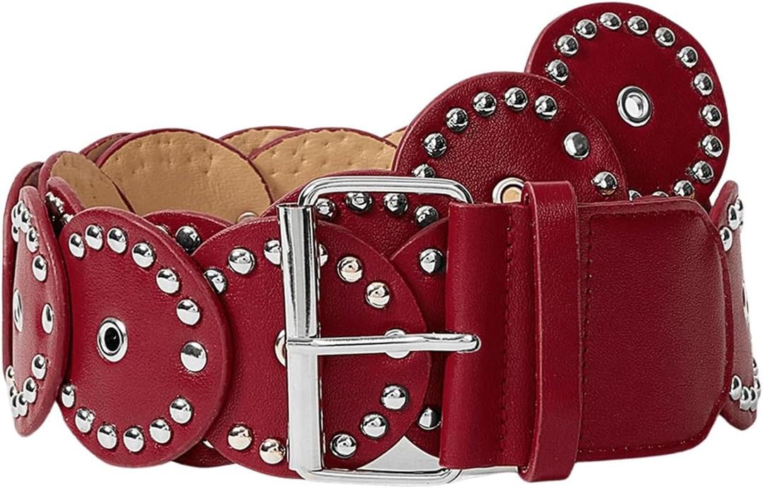 MakeMeChic Women's Faux Leather Wide Disc Buckle Belt Boho Disk Western Waist Belts Red One-Size