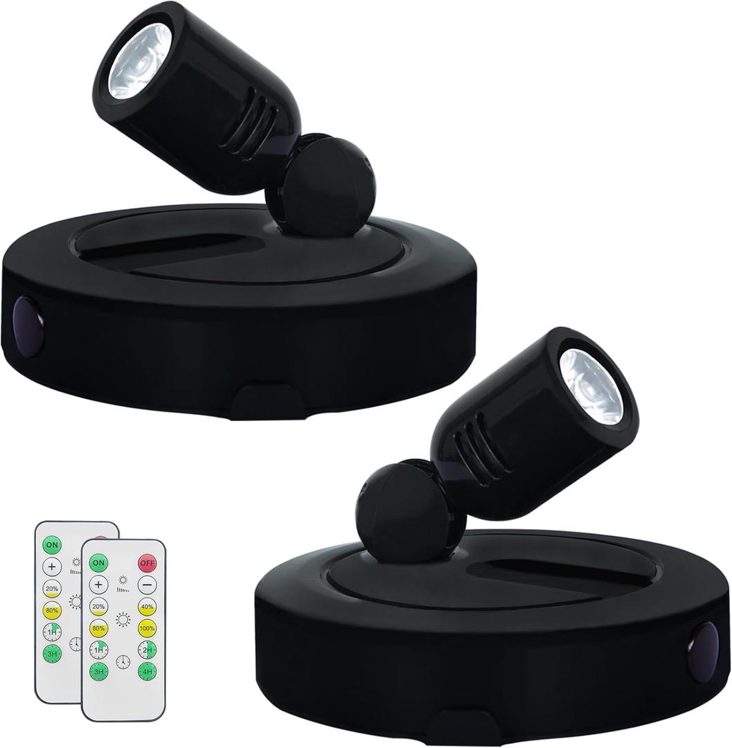 Battery LED Spotlight, Indoor Spotlights, Battery Powered Spot Lights with Remote, Up Lighting for Plants, Picture Light for Wall Art Display Dartboard Painting Artwork Accent-2Pack (Black)