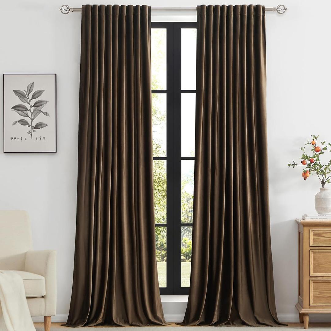 PRIMROSE Brown Polyester Velvet Curtains 84 inch Long for Living Room, Set of 2 Panels Blackout Rod Pocket Back Tab Window Treatment Room Darkening Heavy Decorative Curtains Drapes for Bedroom.