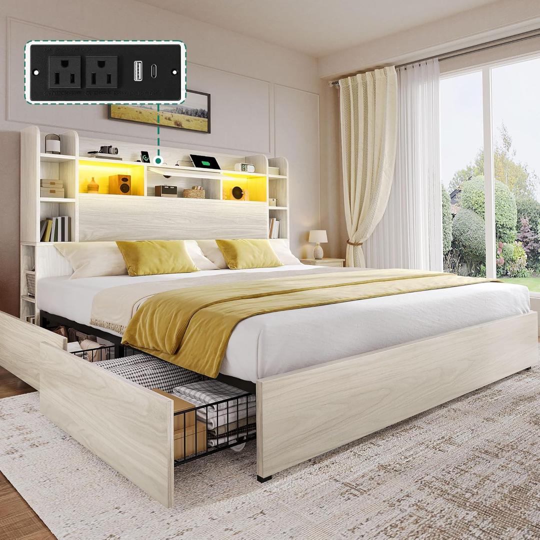 DWVO King Size Bed Frame with Bookcase Headboard and 4 Storage Drawers, RGB LED Bed Frame with Type-C & USB Charging Station Storage Headboard Bed, No Box Spring Needed, Noise Free, Antique White