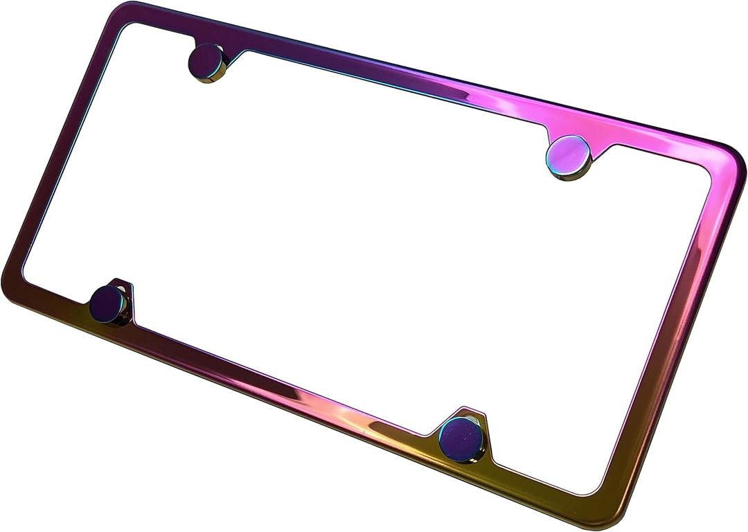 One Polish Mirror Neo Chrome T304 Stainless Steel Four Hole Slim License Plate Frame Holder Front Or Rear Bracket with Metal Screw Cap