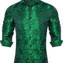 DiBanGu Silk Paisley Dress Shirts for Men Long Sleeve Button Down Shirt Casual Regular Fit Mens Shirts Wedding Party (Small, Emerald Green Paisley)