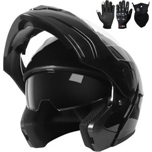 Adult Modular Motorcycle Helmets, DOT Approved Flip up Dual Visor Full Face Helmet for Men Women Moto ATV UTV Snowmobile ADV Four Wheeler Street Bike with Gloves & Mask (Medium, Shiny Black)