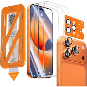 QHOHQ [1-Second Auto-Install] 3 Pack Screen Protector for iPhone 17 Pro Max [6.9 Inch] + 1 Set Camera Lens Protector, 9H+ Shatterproof Tempered Glass, [12FT Military Grade Protection], Case Friendly (Transparent)
