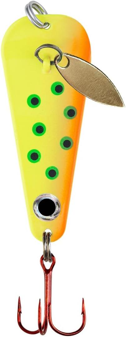 Northland Tackle Ice Fishing Thumper Spoon, Stamped Brass Flutter Spoon Ice Fishing Lure for Walleye, Crappie, & More, 10 Colors, 1/16 Oz, 1/8 Oz, 3/16 Oz,  Oz Lure Sizes (Super-Glo Sneeze)