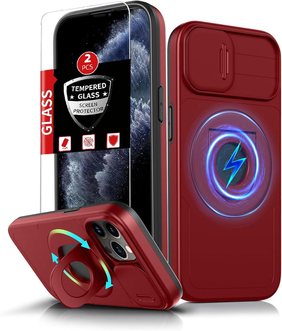for iPhone 11 Pro Max Case Magnetic Compatible with MagSafe Wireless Charging,with 2 Screen Protectors,Built-in Kickstand Ring+Camera Cover Anti-Scratch Shockproof Heavy Duty Protection Red