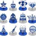 12 Pcs Happy Birthday Decorations for Men Blue Silver Honeycomb Centerpieces Party Supplies Paper Table Decorations Royal Table Centerpieces for Boys, Kids Party