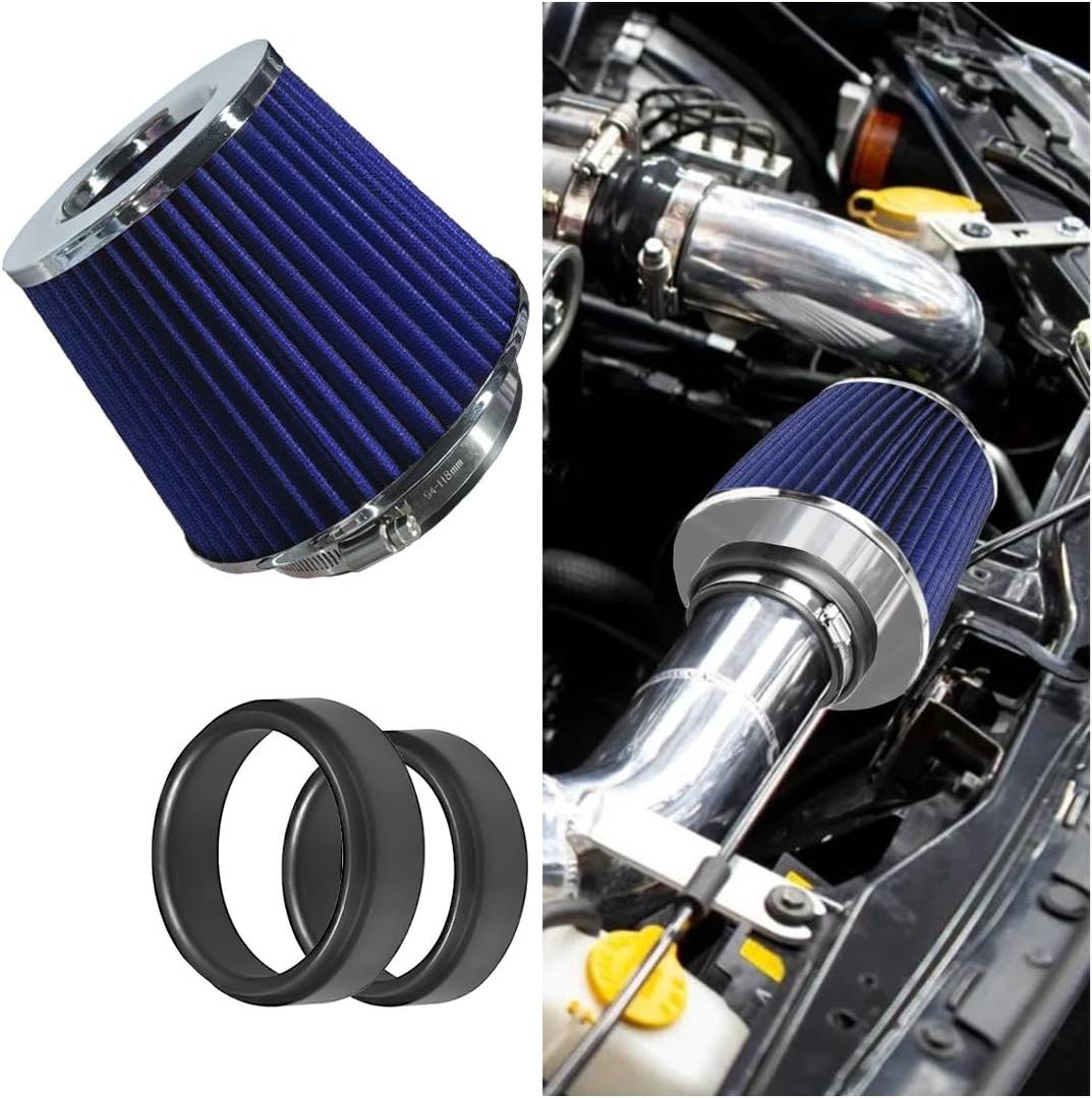 Universal Clamp-On Air Intake Filter, High Flow Closed-Top Cool Air Filter Cleaner, 76 89 102MM Performance Round Tapered Cone Air Filters, Washable Replacement Filter for Car Truck (Silver&Blue)