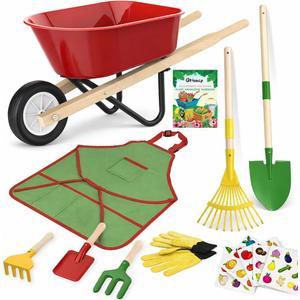 Kids Gardening Wheelbarrow Set, Metal & Wooden Garden Tools for Kids Ages 3-8, Real Wheelbarrows with Apron, Gloves & STEM Guide, Outdoor Backyard Garden Toy Gift (Wheelbarrow Garden Set)