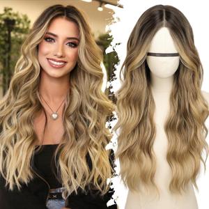 Ombre Blonde Long Wavy Wig for Women, Pre-Cut HD Lace Natural Hairline, Glueless Middle Part, Synthetic Fiber for Daily and Party Use 26Inch