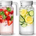 Glass Pitcher with Lid 2 Pack 55 oz Glass Water Pitcher, Iced Tea Pitcher with Handle, Ribbed Juice Container for Fridge, Glass Beverage Container for Lemonade, Milk, Drinks