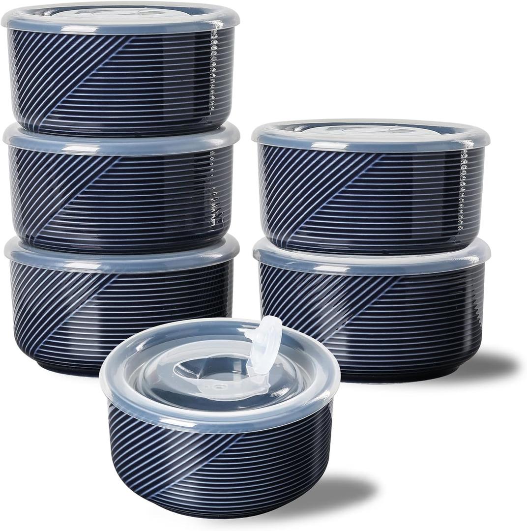 Ceramic Bowls with Lids: 20 oz Microwave Safe Food Storage Containers for Soup, Salad, Cereal, Leftovers, Meal Prep, Lunch, Picnic, Camping, Serving - Airtight, Navy, Set of 6 (5 inch)