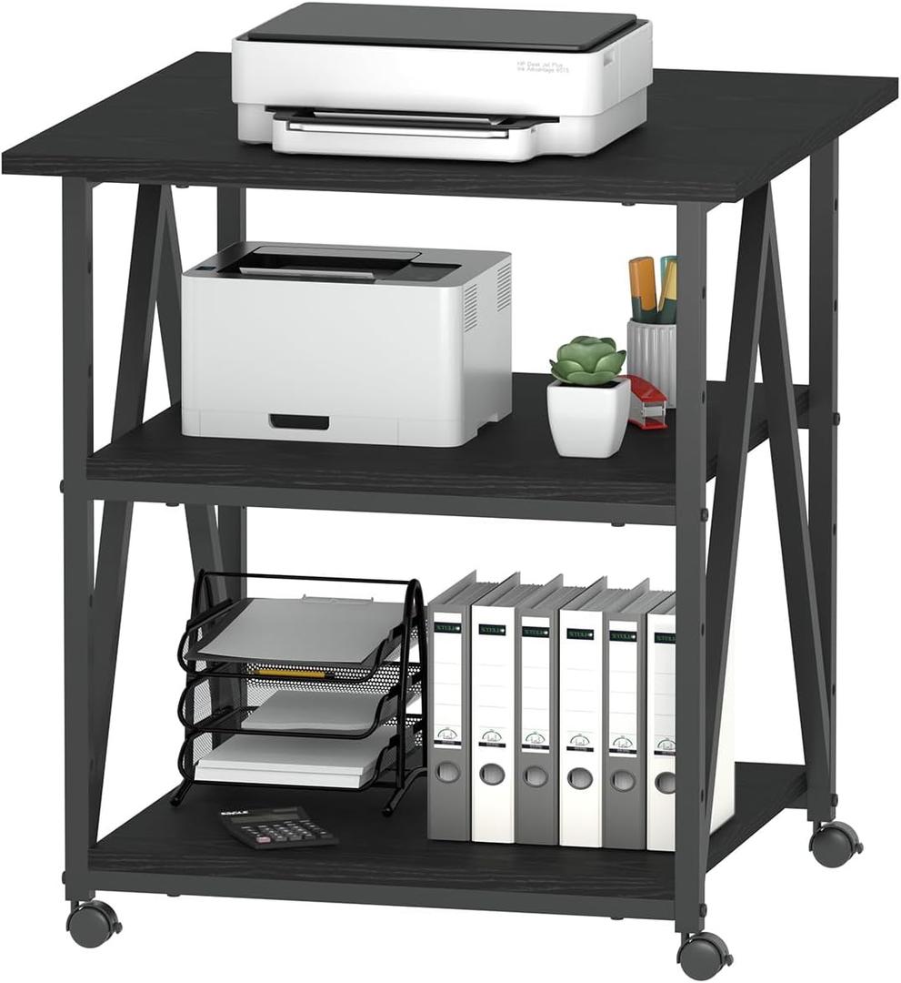 Arbuxzuy 3-Tier Printer Stand, Large Printer Table with Storage, Industrial Printer Storage Cart with Wheels, Rolling Printer Stand for Heat Press Scanner Fax, Black